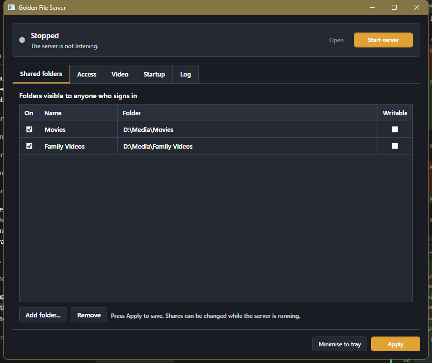Gloss Media Server Shared folders tab with two sample media folders