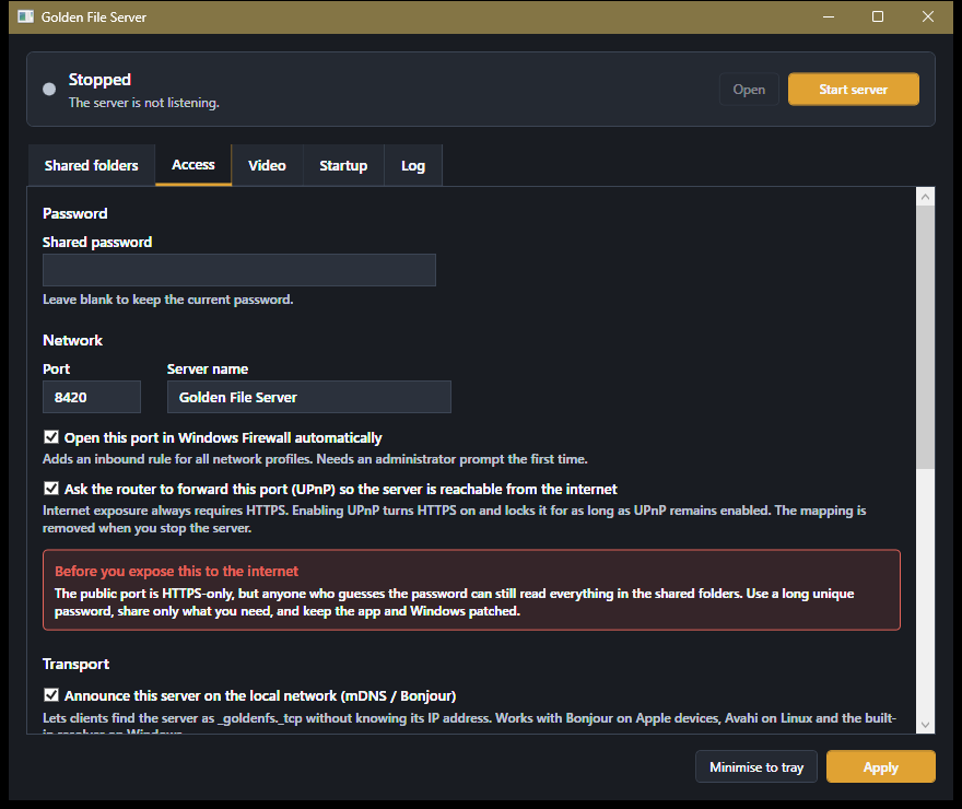 Gloss Media Server Access tab with UPnP selected and HTTPS required