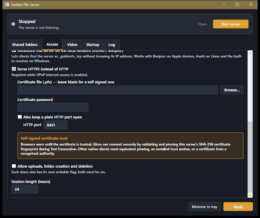 Gloss Media Server certificate and self-signed trust settings