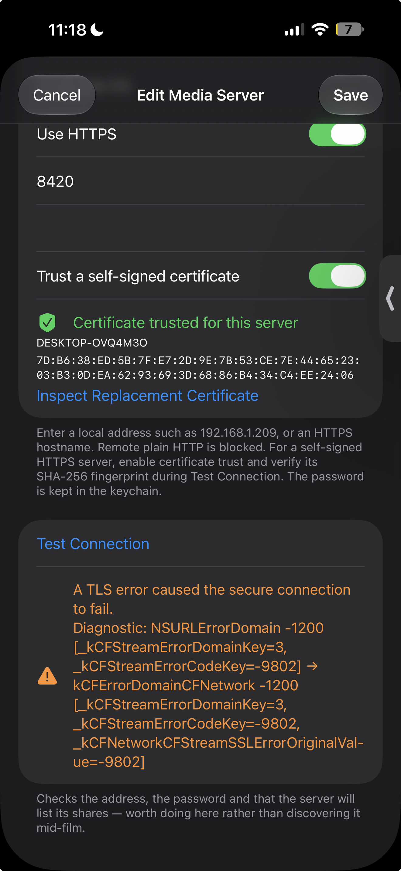 Gloss+ Edit Media Server screen showing HTTPS and self-signed certificate trust